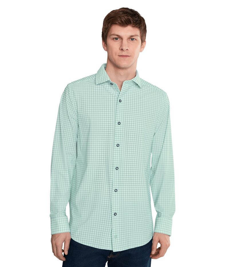 ジョンストンアンドマーフィー メンズ トップス シャツ ニット Johnston Murphy XC Motion Long Sleeve Dress Knit Shirt Green Windowpane Dresshirt グリーン