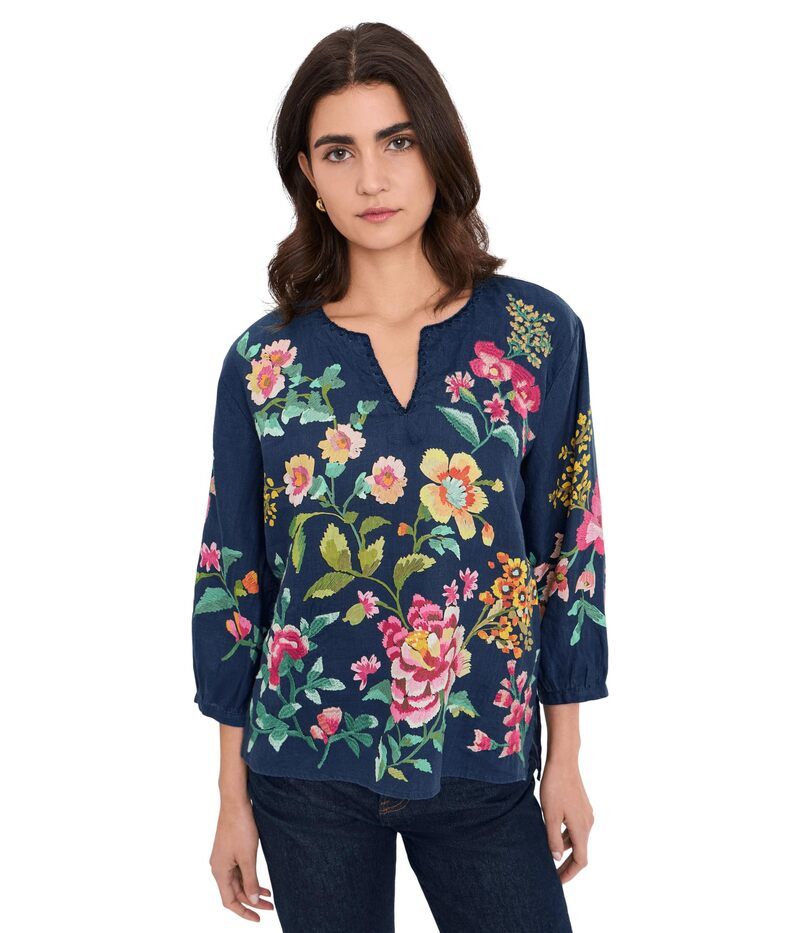 ジョニーワズ レディース トップス シャツ ブラウス リネン Johnny WasplitNeck Linen Blouse Blue Night Miraze ブルー