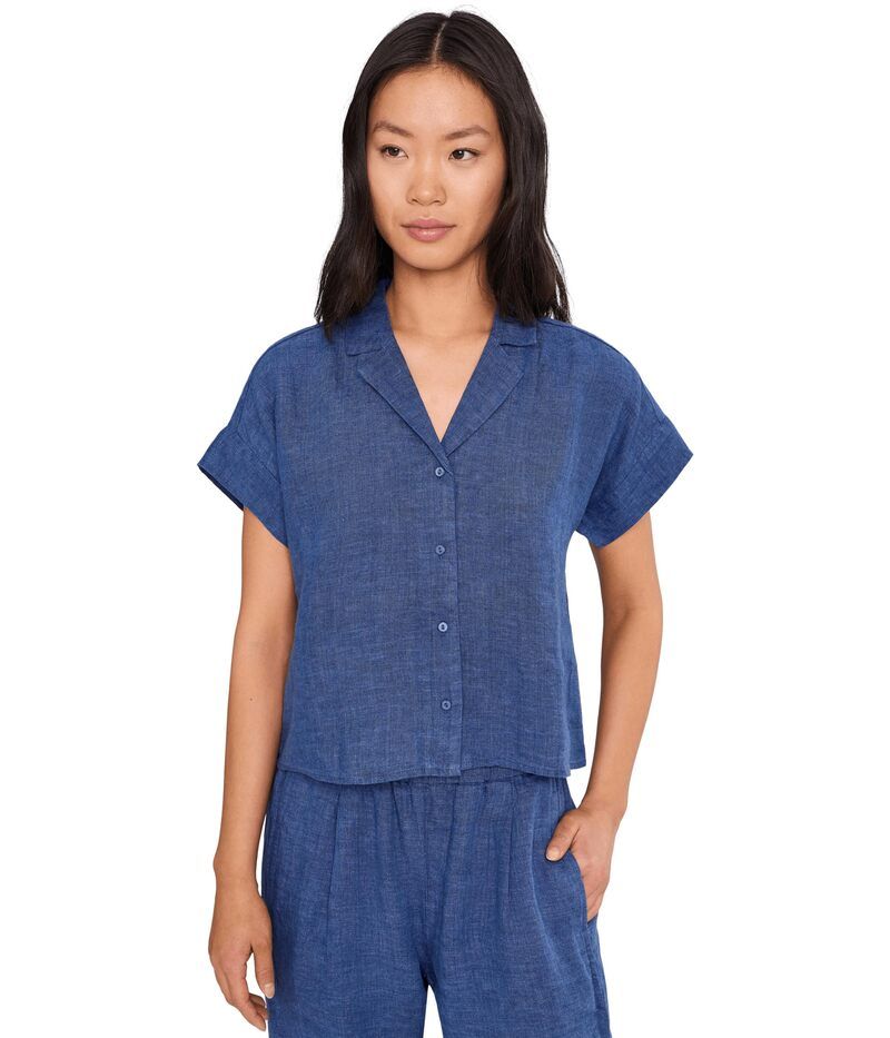 エイリーンフィッシャー レディース トップス シャツ プチ リネン Eileen Fisher Petite Washed Organic Linen Delave Notch Collar Shirt Deep Dive