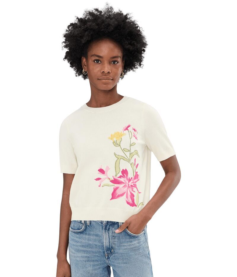 ヴィンスカムート レディース トップス シャツ クルーネック プリント レース Vince Camuto Placed Print Crew Neck Antique White ホワイト