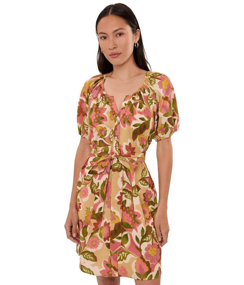 リヴァプール ロサンゼルス レディース トップス ワンピース プチ Liverpoolos Angeles Petite Short Sleeve Shirred Button Front Woven Dress Tan Floral Mult タン
