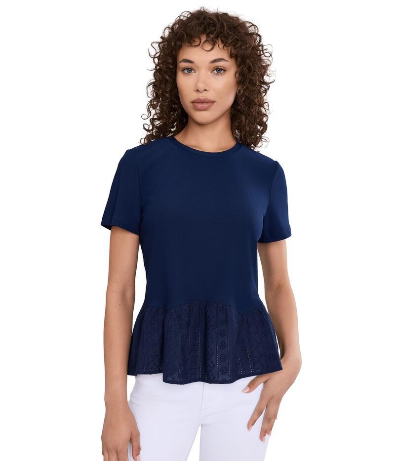 セセ レディース トップス シャツ ニット Cece Short Sleeve Mixed Media Poplin Knitop Classic Navy ネイビー