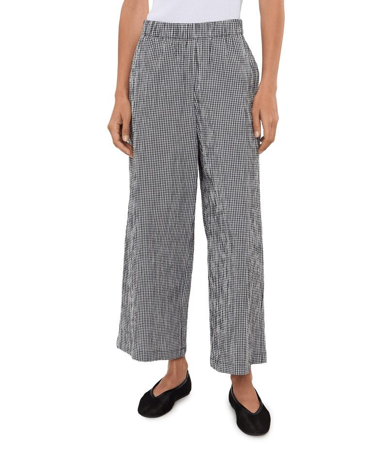 エイリーンフィッシャー レディース ボトムス カジュアルパンツ プチ コットン アンクル Eileen Fisher Petite Organicotton Pucker Check Ankle Wide Pants Black White ホワイト