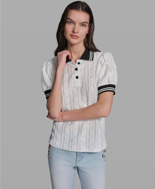 カール ラガーフェルド レディース アウター ニット・セーター 半袖 KARLAGERFELD PARIS Womens Collared ShortSleeve Top Soft White ホワイト