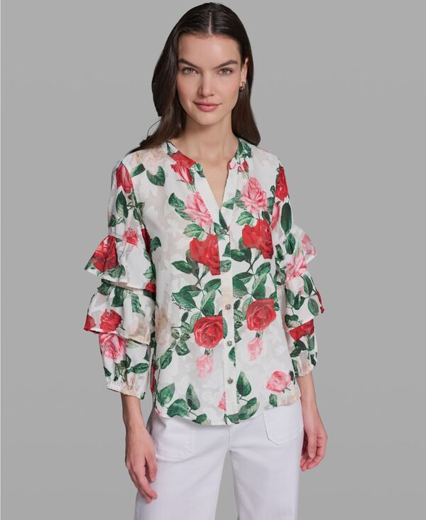 カール ラガーフェルド レディース トップス シャツ プリント 長袖 KARLAGERFELD PARIS Womens Printed LongSleeve Top Soft White Multi ホワイト