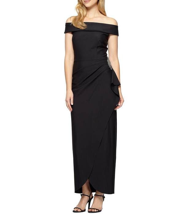 アレックスイブニングス レディース トップス ワンピース フリル Alex Evenings Off The Shoulder Cascade Ruffle Long Dress Black ブラック