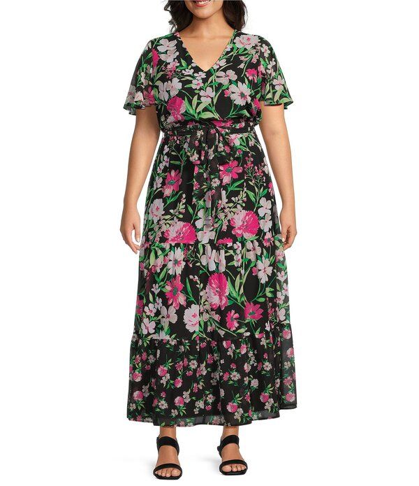 カスパール レディース トップス ワンピース ティアード シフォン フラワー柄 プラスサイズ フラワー Kasper Plusize Floral Chiffon Flutter Sleeve Tieredress Black Multi ブラック