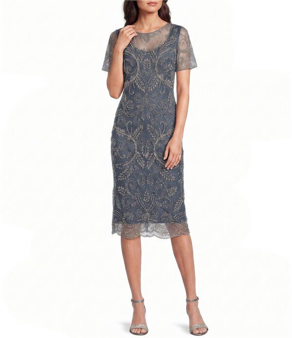 ピサッロナイツ レディース トップス ワンピース クルーネック メッシュ Pisarro Nights Beaded Meshort Flutter Sleeve Illusion Crew Neck Column Gown Grey グレー