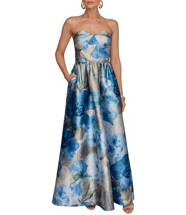 ダナキャラン レディース トップス ワンピース フラワー柄 プリント ストラップレス ノースリーブ フラワー Donna Karan Floral Print Mikado Straplessweetheart Neck Sleeveless Ball Gow