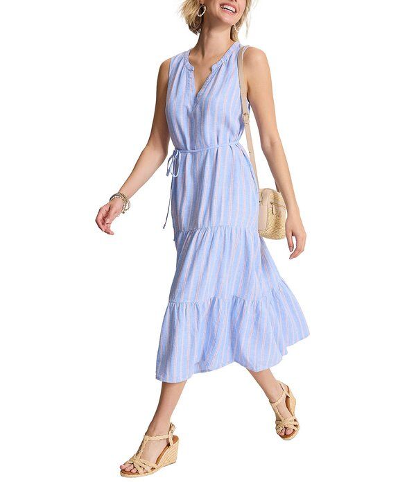 トッミーバハマ レディース トップス ワンピース Vネック ノースリーブ リネン マキシ Tommy Bahama Sea Salt Linen Blend Stripe VNeck Sleeveless Maxi Sundress Grape Pools グ