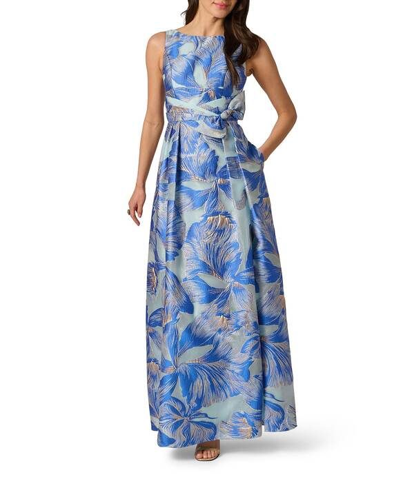アドリアナ パペル レディース トップス ワンピース フラワー柄 ノースリーブ フラワー Adrianna Papell Floral Organza Boat Neck Sleeveless Bow Gown Blue Multi ブルー
