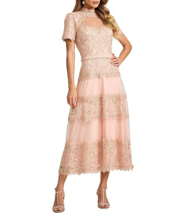 タダシショージ レディース トップス ワンピース ティアード ミディ レース Tadashi Shoji Short Sleeve Corded Lace Tiered Midi Dress PetalGold ゴールド