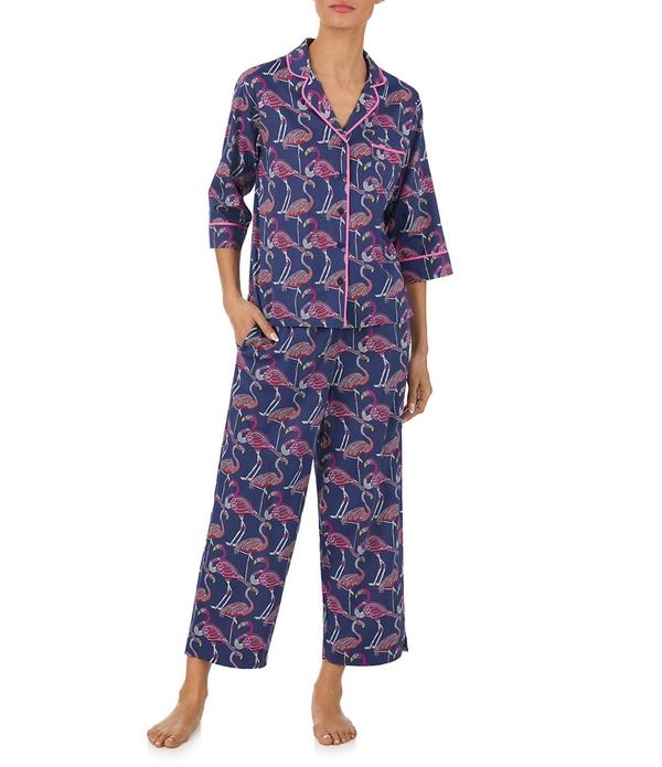 トッミーバハマ レディース アンダーウェア ナイトウェア プリント クロップド Tommy Bahama Flamingo Print 34 Sleeve Notch Collar Woven Cropped Pajama Set Navy Print ネイビ