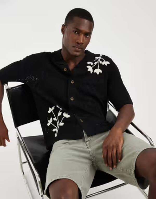 オンリーアンドサンズ メンズ トップス シャツ ニット ONLY SONS embroidery detail open knit shirt Black ブラック