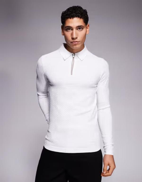 リバーアイランド メンズ トップス ポロシャツ ハーフジップ ニット River Island muscle fitextured knit quarter zipolo shirt WHITE ホワイト