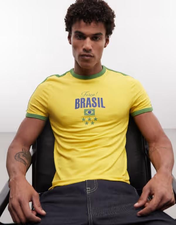 エイソス メンズ トップス Tシャツ グラフィック ASOS DESIGN muscle ringer tshirt with Brasil graphic in yellow Passion Fruit イエロー