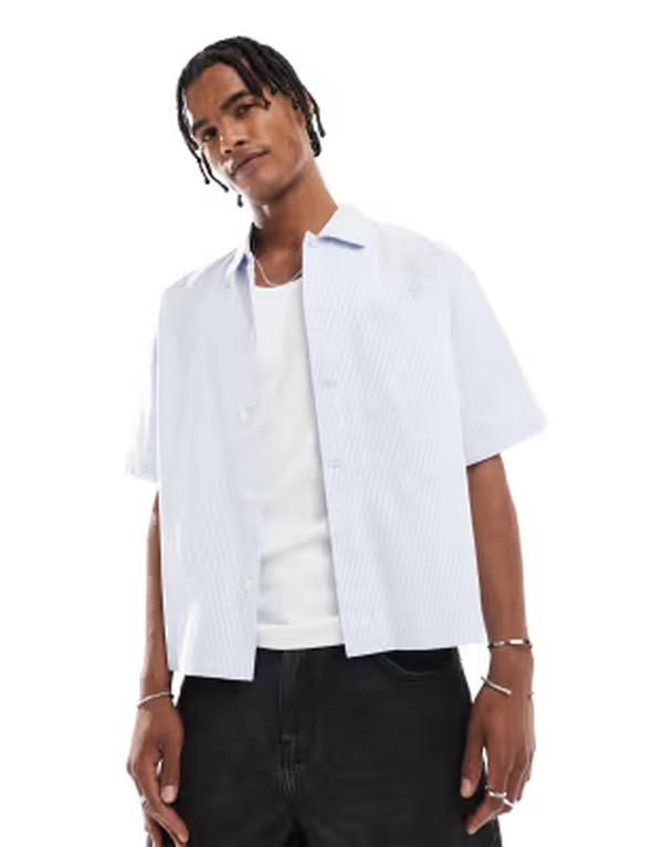 コットンオン メンズ トップス シャツ ミニ Cotton short sleeve shirt in sky blue mini stripe Sky blue ブルー