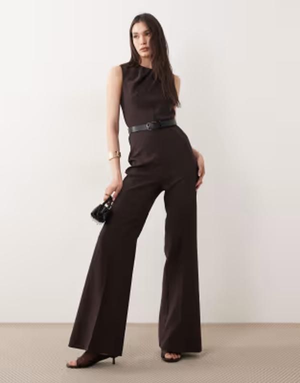 マンゴ レディース トップス ジャンプスーツ ノースリーブ Mango sleeveless belted jumpsuit BROWN ブラウン