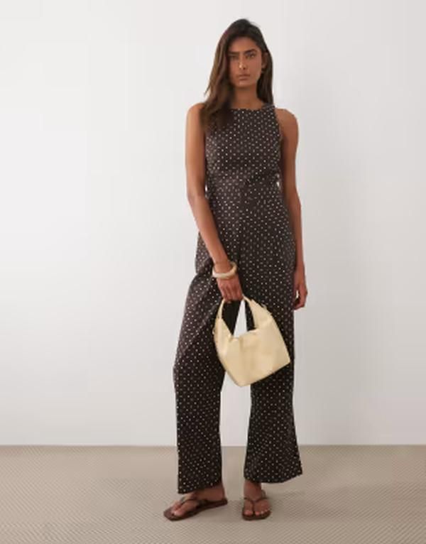 マンゴ レディース トップス ジャンプスーツ ドット柄 ドット リネン Mango linen mix belted jumpsuit and white polka dot BROWN ブラウン