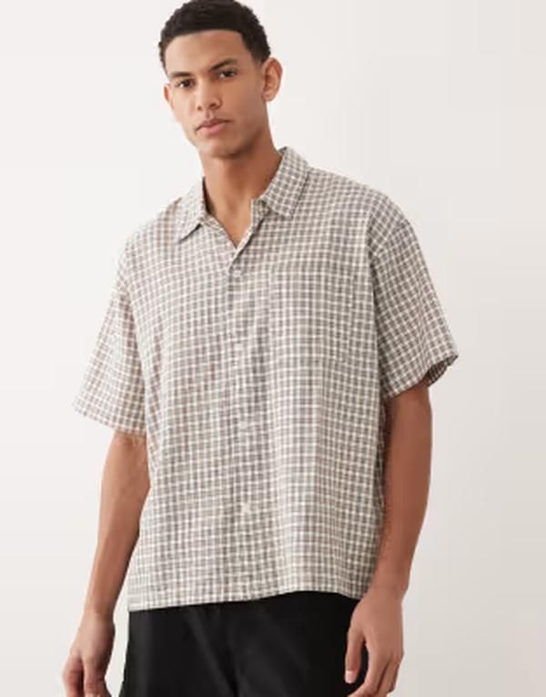 ジャック アンド ジョーンズ メンズ トップス シャツ クロップド リネン Jack Jones linen blend cropped short sleeve plaid shirt Vintage khaki カーキ