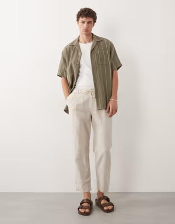 マンゴ メンズ ボトムス カジュアルパンツ リラックスフィット リネン Mango linen mix relaxed fit elasticatedraw string waist pants in ecru エクリュ