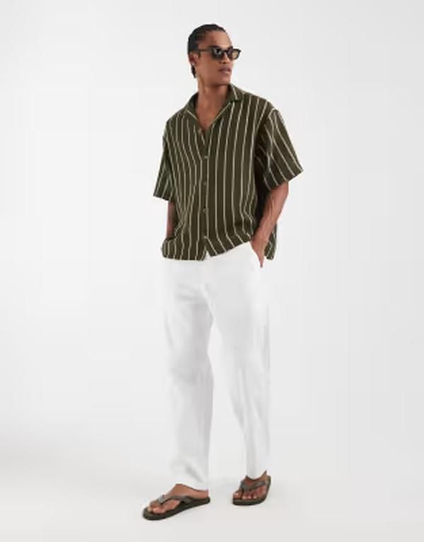 エイソス メンズ トップス シャツ ASOS DESIGN oversized camp collar crochet shirt in dark GREEN グリーン