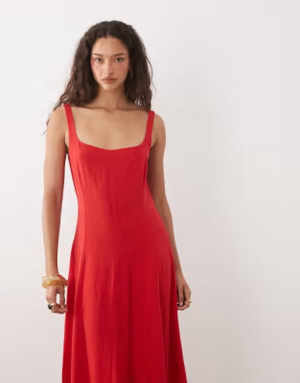 エイソス レディース トップス ワンピース リネン マキシ ASOS DESIGN linen blend seam detail maxi dress Red レッド