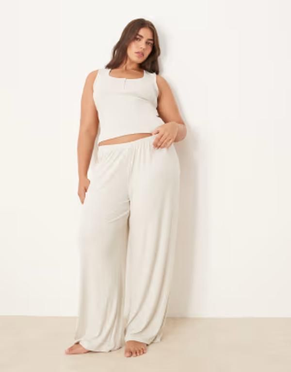 エイソス レディース ボトムス カジュアルパンツ リブ ASOS Curve ASOS DESIGN Curve mix match ribbed pajama pants BEIGE ベージュ