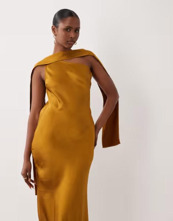 ティエフエヌシー レディース トップス ワンピース ワンショルダー サテン マキシ TFNC satin oneshoulder maxi dress with scarf in bronze