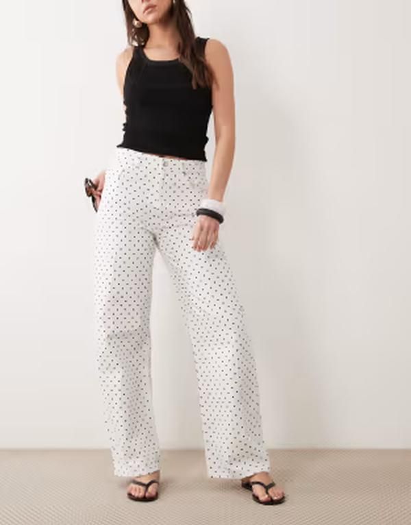 マンゴ レディース ボトムス デニムパンツ ドット コットン ジーンズ Mango Polka 100 cotton straight jeans and black polka dots WHITE ホワイト