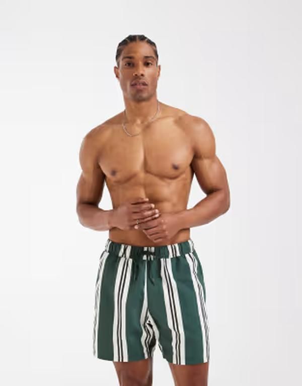 エイソス メンズ 水着 ハーフパンツ・ショーツ ショートパンツ ASOS DESIGN swim shorts in mid length stripe GREEN グリーン