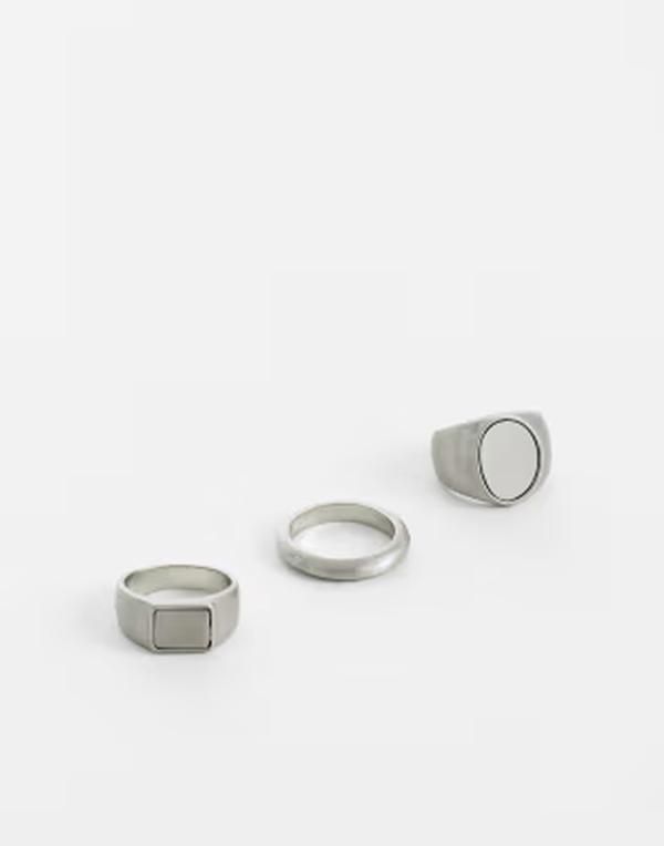 エイソス メンズ アクセサリー リング ASOS DESIGN 3 pack oval signet rings in brushed SILVER シルバー