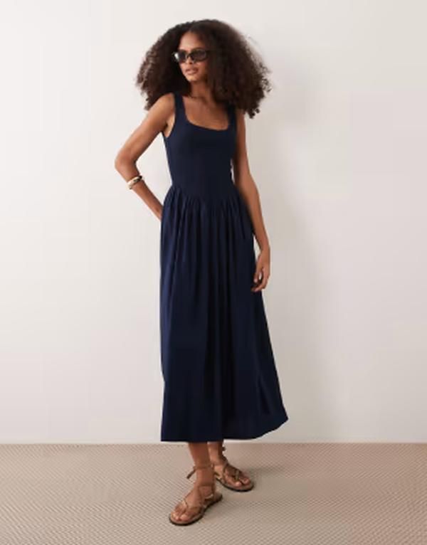 エイソス レディース トップス ワンピース デニム ASOS DESIGN denim shirred scoop neck ballerina inspired midaxi dress Inky デニム