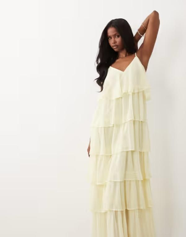 ヴィラ レディース トップス ワンピース ティアード フリル マキシ VILA tiered ruffle cami maxi dress in pastel yellow Pastel Yellow イエロー