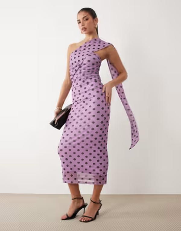 エイソス レディース トップス ワンピース ドット柄 ドット プリント マキシ ASOS DESIGN polka dot print bandeau maxi dress with scarf detail in lilac ライラック