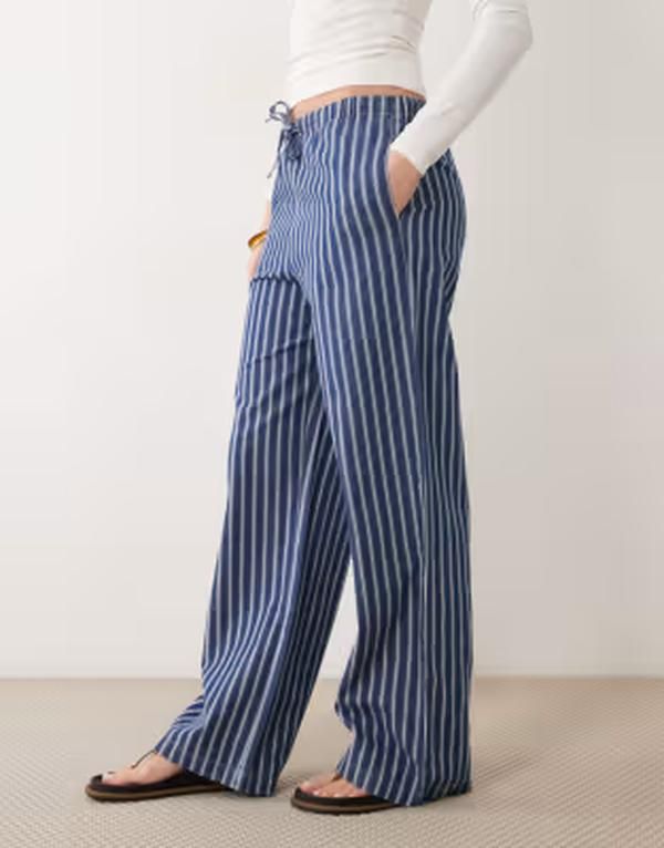 マンゴ レディース ボトムス カジュアルパンツ コットン デニム Mango 100 cotton tie waist denim pants and white stripes BLUE ブルー