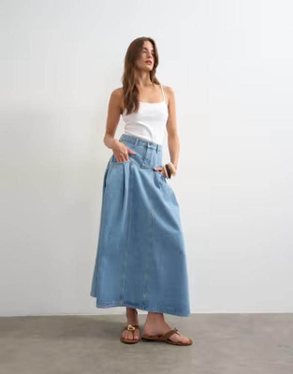 トップショップ レディース ボトムスカート プリーツ デニム マキシ Topshop denim pleated maxi skirt in bleach デニム