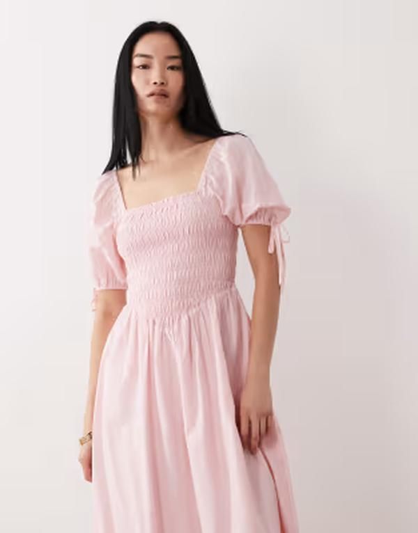 ウェンズデーガール レディース トップス ワンピース Wednesdays Girl shirredetailing midaxi smock dress in dusty PINK ピンク