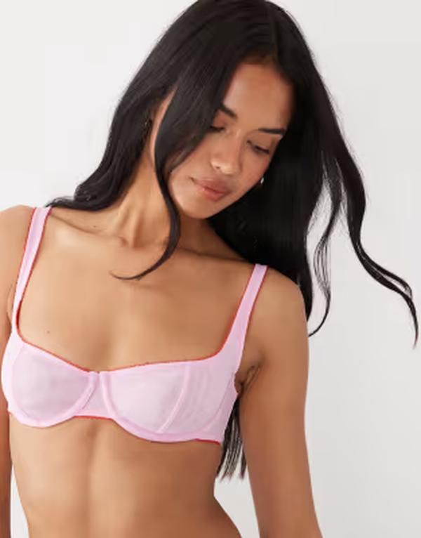 エイソス レディース アンダーウェア ブラジャー メッシュ シアー ASOS DESIGN Marley sheer meshigh apex balconette underwire bra with picotrim Pink Red レッド