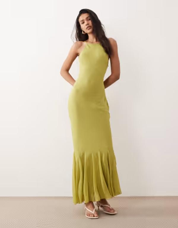 エイソス レディース トップス ワンピース シフォン ノースリーブ マキシ ASOS DESIGN chiffon sleeveless maxi dress with godet hem green グリーン