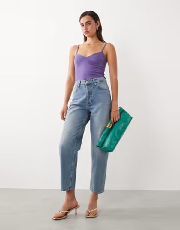 マンゴ レディース ボトムス デニムパンツ コットン ジーンズ Mango starring Hailey Bieber 100 cotton barrel jeans in mid BLUE ブルー