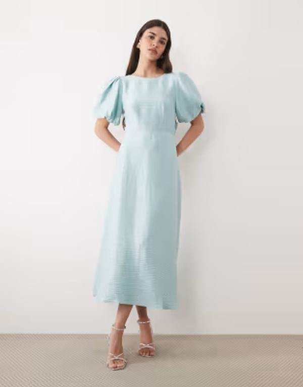 ノーバディーズ チャイルド レディース トップス ワンピース ミディ Nobodys Child Zola slash neck puff sleeve midi dress in aqua アクア