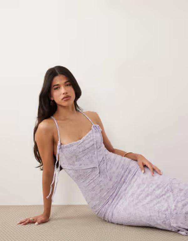エイソス レディース トップス ワンピース マキシ ASOS DESIGN devore strappy maxi dress with tie detailing in lilac ライラック