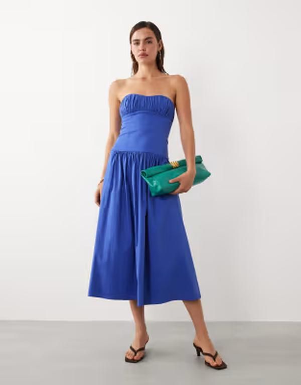 マンゴ レディース トップス ワンピース マキシ Mango starring Hailey Bieber structured off shoulder drop waist maxi dress in electric BLUE ブルー