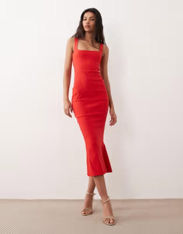 ベスパー レディース トップス ワンピース ミディ ノースリーブ Vesper bengaline sleevelessquare neck fishtail midi dress RED レッド