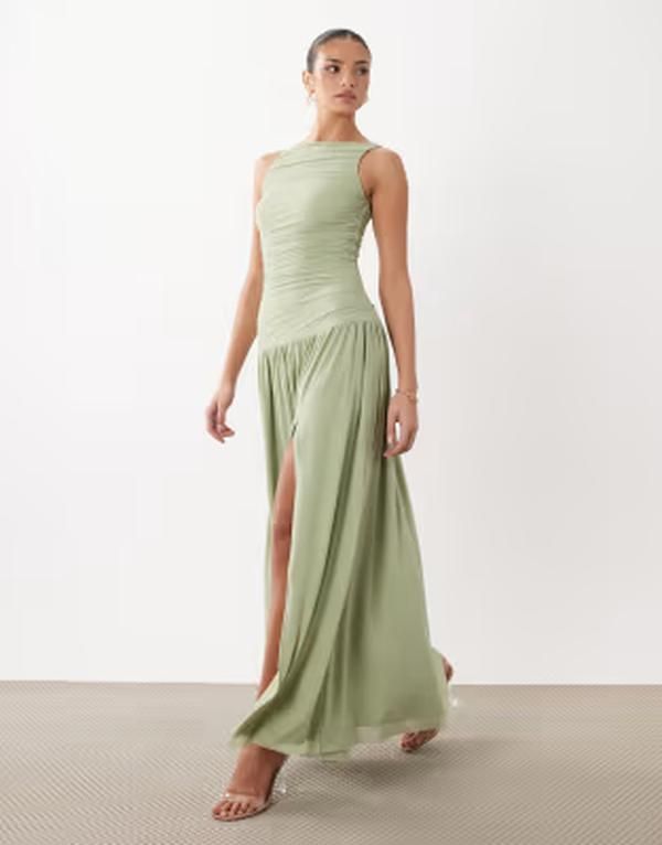 レア レディース トップス ワンピース ギャザー メッシュ マキシ Rare London premium slinky mesh ruched split front maxi dress in light GREEN グリーン