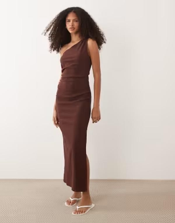 エイソス レディース トップス ワンピース ミディ ASOS DESIGN one shoulder midi dress with gathering in chocolate チョコレート