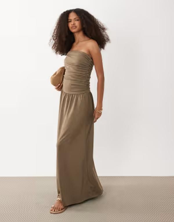 ブレーブソウル レディース トップス ワンピーストラップレス ジャージー マキシ Brave Soul strapless maxi drop waist jersey dress BROWN ブラウン