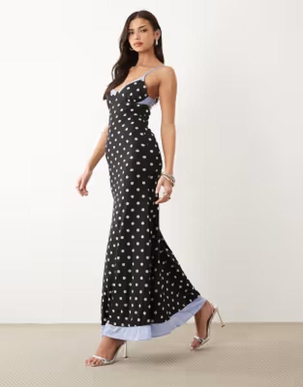 エイソス レディース トップス ワンピース ドット メッシュ マキシ ASOS DESIGN mesh cami maxi dress polka dots BLUE ブルー