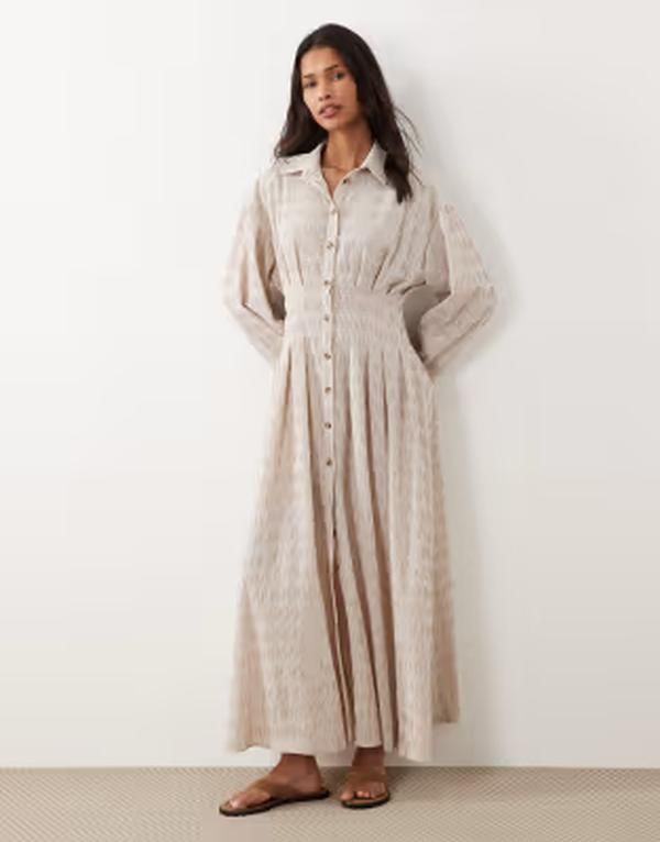エイソス レディース トップス ワンピース シャツ マキシ ASOS DESIGN cinchedetail maxi shirt dress ineutral stripestone stripe ストーン